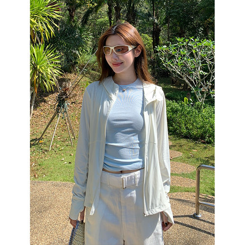冰丝凉感收腰显瘦原纱防晒衣女新款防紫外线冰感透气连帽防晒服