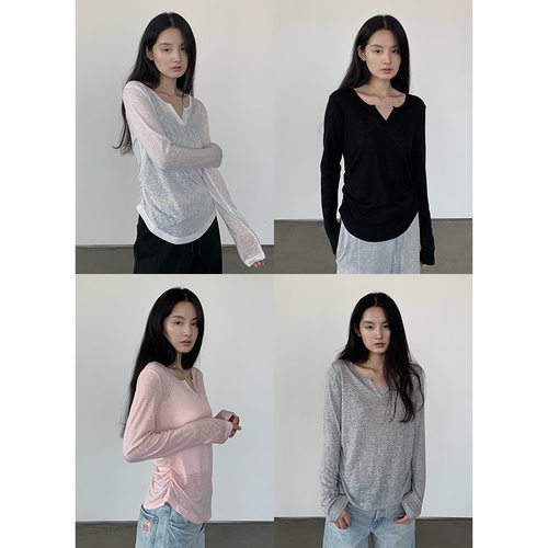 松弛感莱赛尔V领微透长袖T恤女夏季新款轻薄透气显瘦褶皱休闲上衣