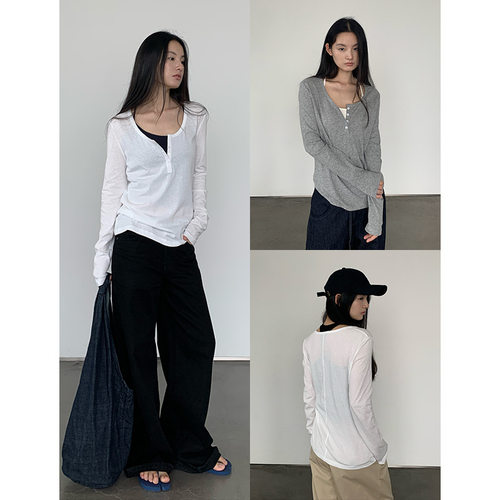 设计感亨利领长袖T恤女夏季新款纯欲宽松显瘦轻薄亲肤可外穿上衣