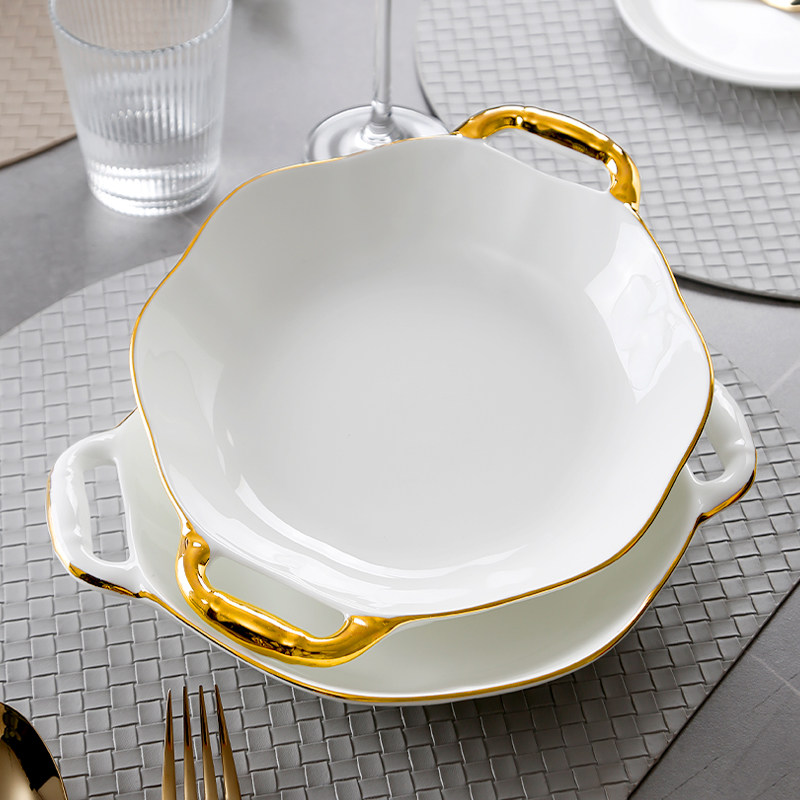 双耳骨瓷盘子金边感烤箱盘西餐盘蔬菜水果盘子饭盘肉盘陶瓷菜盘,餐饮具,盘,淘宝优惠券,粉丝福利购,淘宝优惠卷