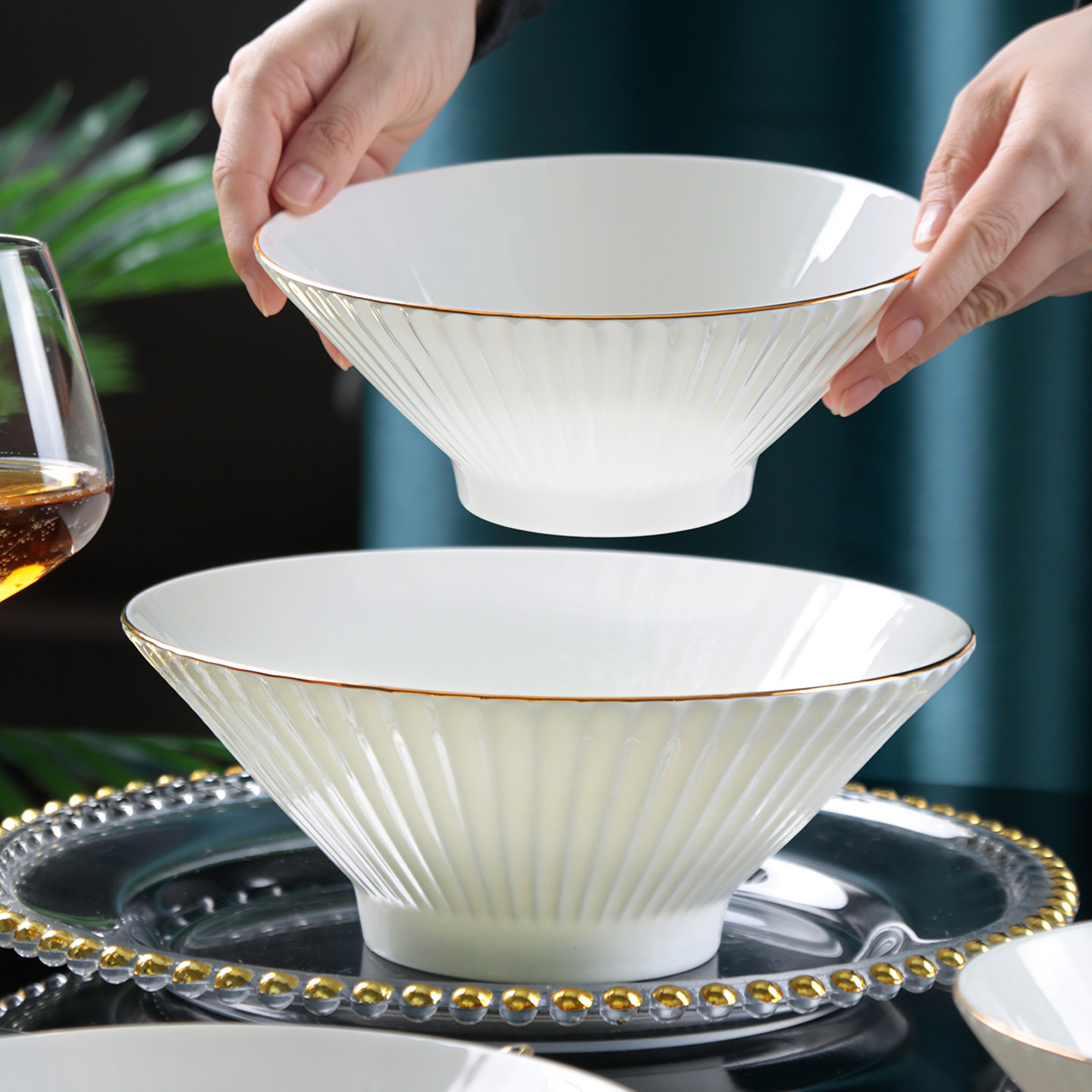 斗笠碗贝壳碗家用陶瓷大碗大号面条碗汤面碗金边骨瓷感釉上彩餐具,餐饮具,碗,淘宝优惠券,粉丝福利购,淘宝优惠卷