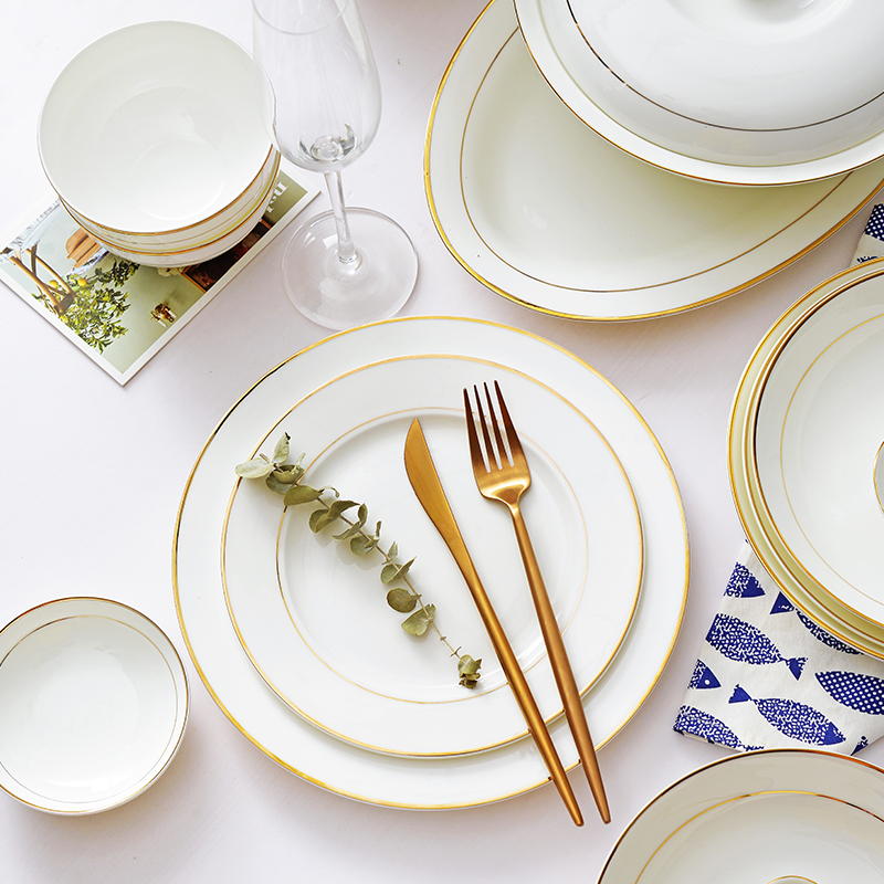 白色金边骨瓷餐具碗盘套装组合