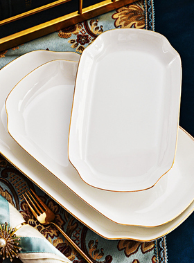 唐山金边餐具12英寸深盘子凉菜盘子长方形装鱼盘子家用白色大盘子