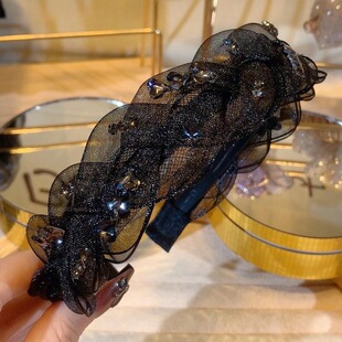 黑色百搭轻奢网纱水钻麻花发箍女新款头箍发捆带齿防滑不勒头发卡