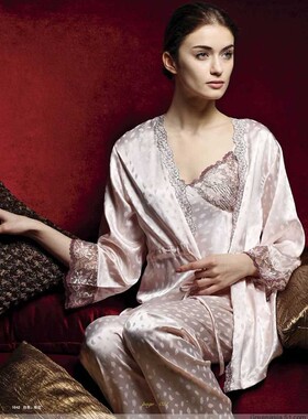 升派正品1642春秋款睡衣女士真丝长袖绣花 三件套 家居服套装特价