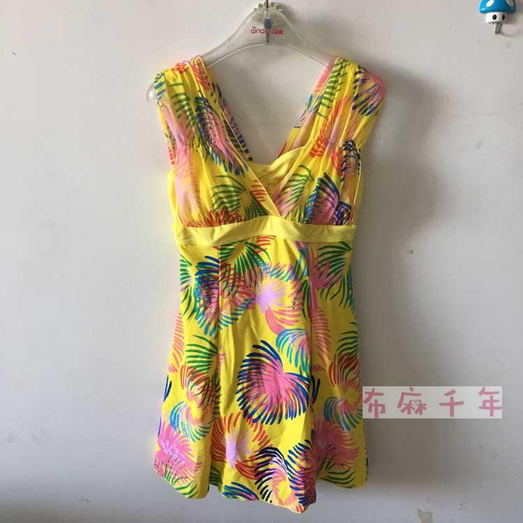 好佳健女式泳衣連體平角裙式花朵游泳裝印花無袖無鋼圈有胸墊大碼