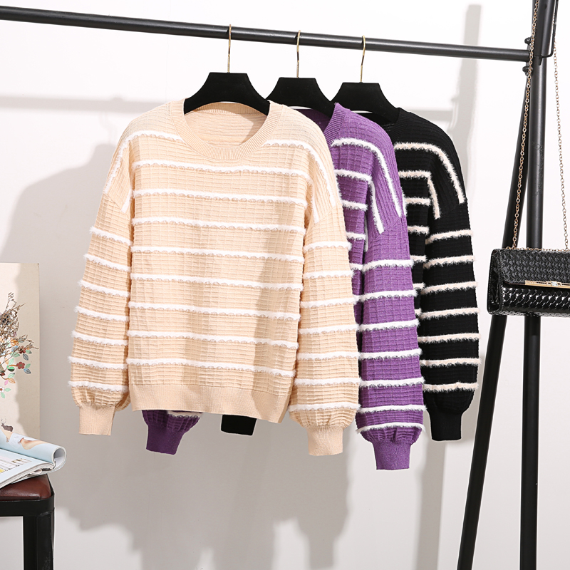 Shooting autumn and winter Korean New Korean loose style college style horizontal stripe splicing contrast mink sweater