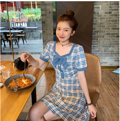海鹽少女 jk蝴蝶結藍色格子連衣裙女夏