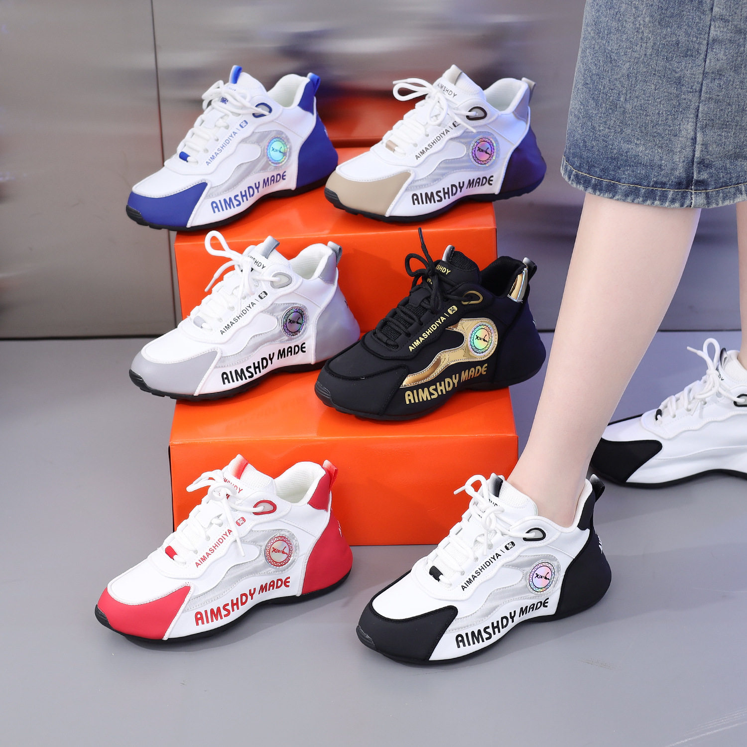 【包底鞋9829】新款皮蓬老爹鞋网面软底透气情侣款百搭鞋男女同款