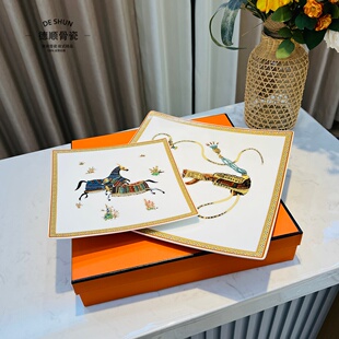 H欧式宫廷风骨瓷四方盘子摆盘西餐盘马匹图案金边装饰盘高端餐具