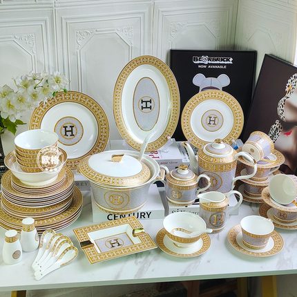 欧式H标碗碟盘子套装家用高温骨瓷餐具组合58头陶瓷高档乔迁礼品