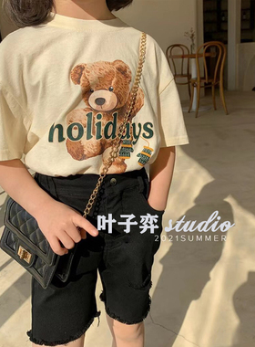 韩版儿童上衣夏季新女童纯棉可爱小熊T恤黑色破洞短裤套装