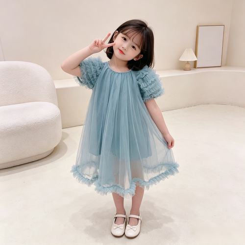 LOVI夏季女童甜美泡泡袖连衣裙