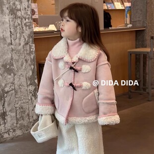 韩版儿童上衣冬季新款女童甜美皮毛一体娃娃领羊羔毛拼接外套