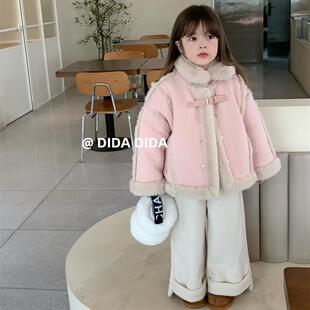 韩版儿童上衣冬季新款女童洋气皮毛一体加厚粉色麂皮绒外套机车