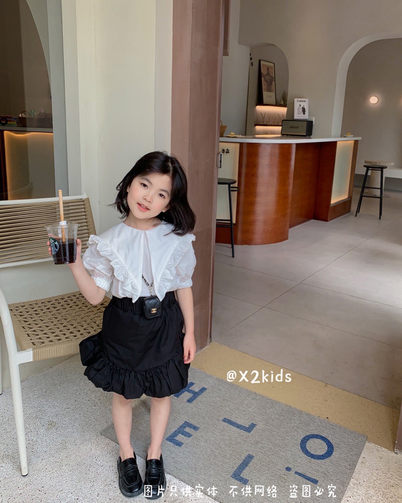 韩版复古夏季新儿童娃娃领洋气女童纯棉衬衫半身裙不规则潮