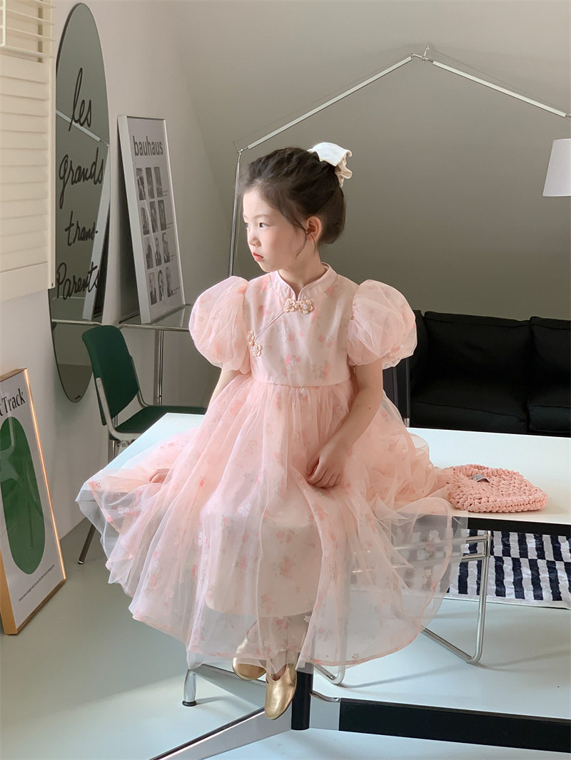 韩版儿童裙子夏季新女童甜美泡泡袖复古旗袍领设计粉色纱裙公主裙