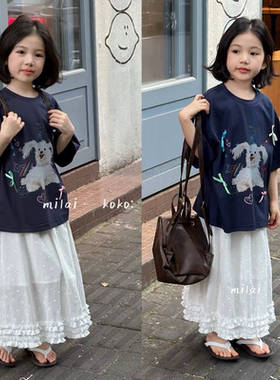 米莱milaikoko韩版儿童25夏季新款小狗印花T设计感花边白色半身裙