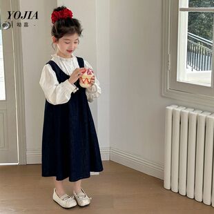 韩版女童连衣裙套装25新款春季儿童洋气女大童衬衫套装牛仔裙
