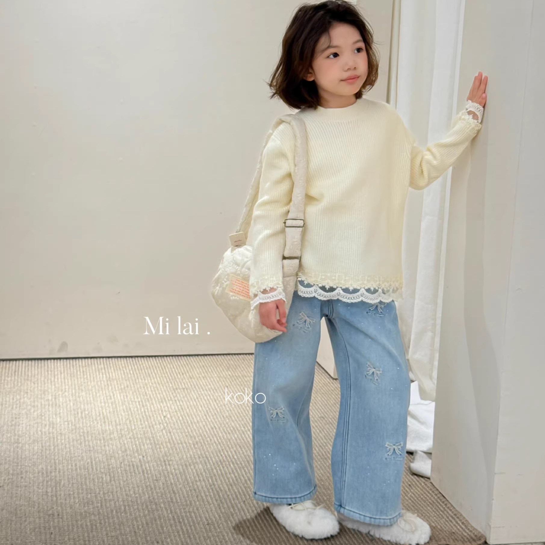 米莱milaikoko韩版儿童上衣25冬款女童蕾丝花边百搭打底衫米毛衣