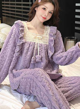 直播睡衣女秋冬季韩版公主风加厚保暖法兰绒珊瑚绒跨境