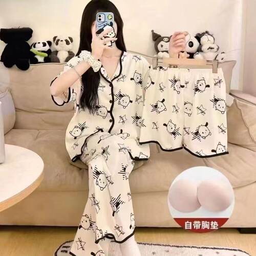 2025三件套带胸垫pyjamas女夏季薄款短袖女家居服Sleepwear透气