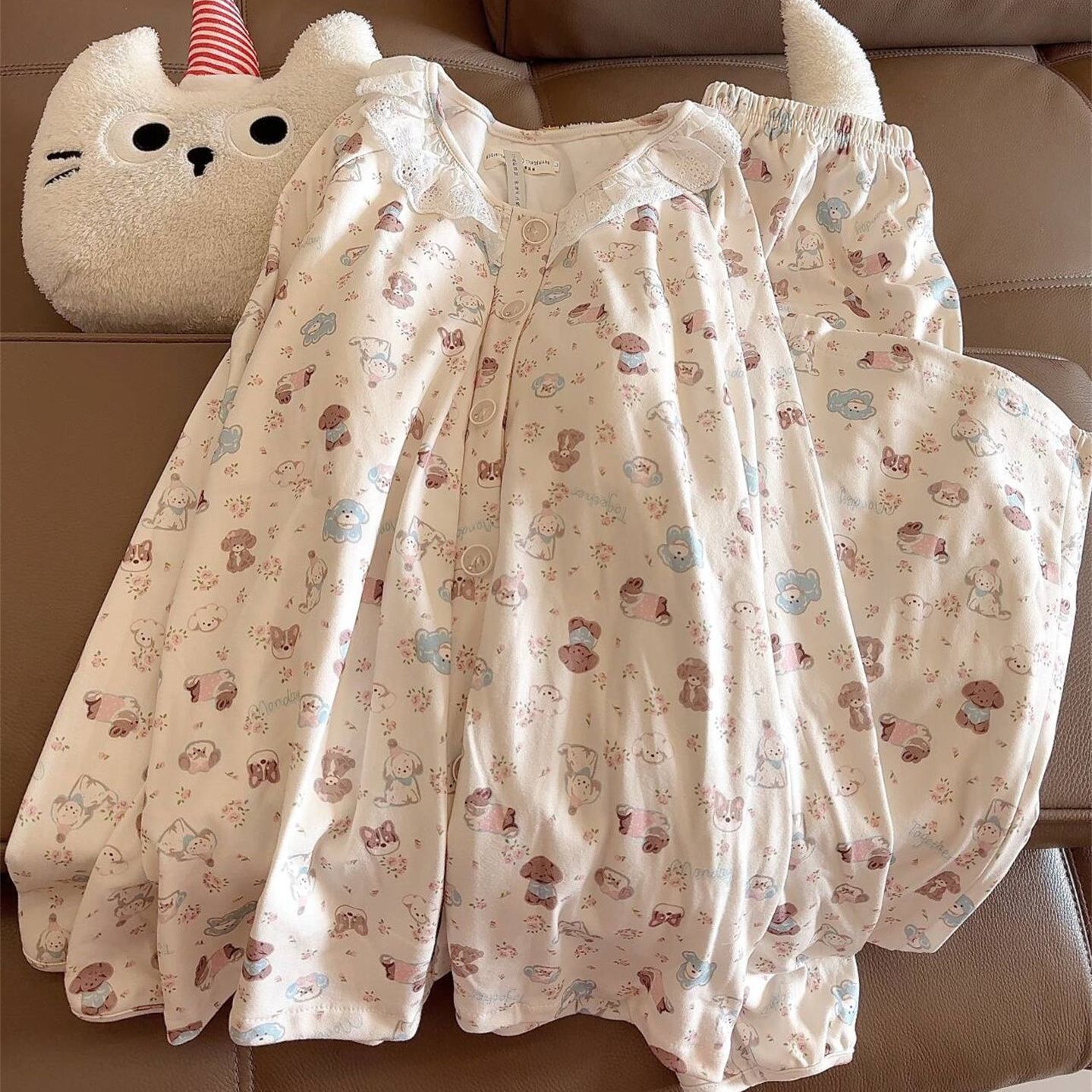 秋冬睡衣女带胸垫圆领开衫德绒保暖加厚长袖长裤甜美家居服女套装