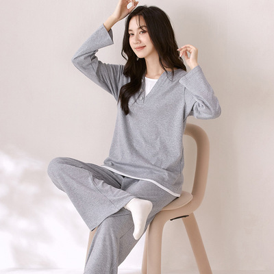 新款睡衣女长袖秋季纯棉纯色宽松休闲简约青年女士家居服套装外穿