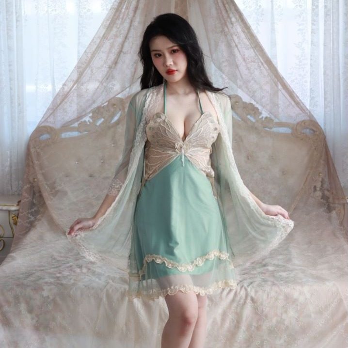 爆款蝴蝶睡衣女蕾丝带胸垫聚拢奢华法式吊带纯欲风睡裙网纱外,女士内衣/男士内衣/家居服,睡袍/浴袍,淘宝优惠券,粉丝福利购,淘宝优惠卷