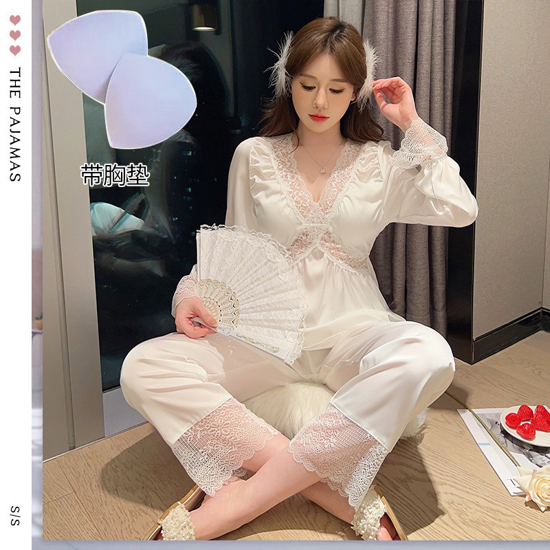 秋季新款长袖睡衣睡裤套装两件套 简约花边法式气质丝滑家居服