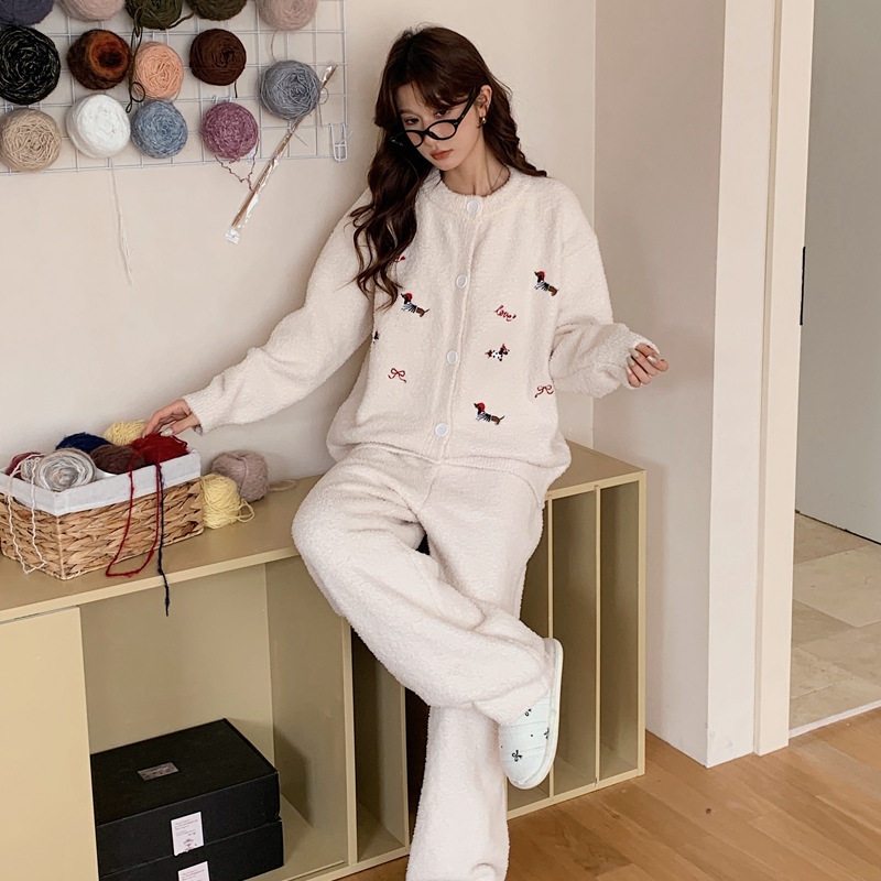加厚秋冬季保暖半边绒睡衣女圆领卡通小狗开衫居家长袖套装家居服