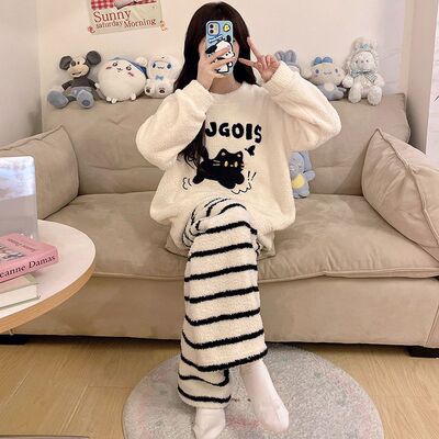 半边绒睡衣女款冬季加厚加绒珊瑚绒可爱小猫学生套装家居服可外穿