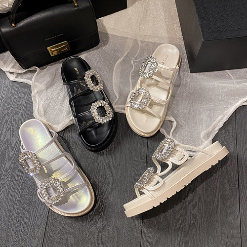 超迁厚底休闲透明水钻大码41一43