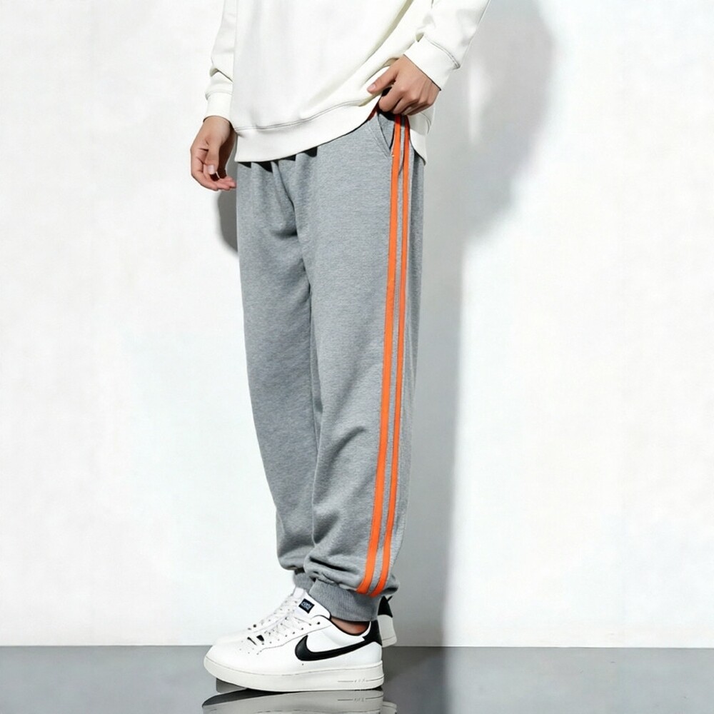 定制春夏秋男女大童小中学生棉运动长裤全棉灰色桔黄双杠收口校裤