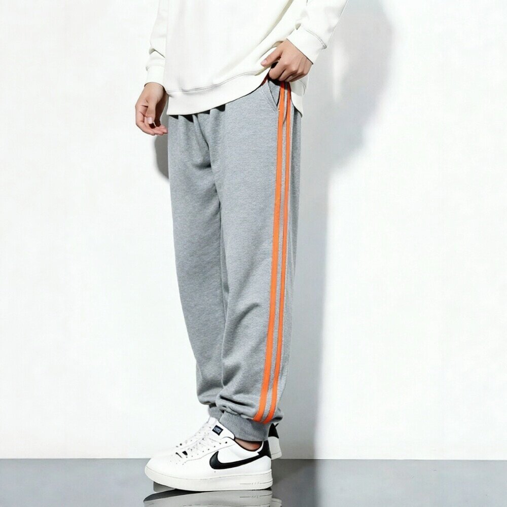 定制春夏秋男女大童小中学生棉运动长裤全棉灰色桔黄双杠收口校裤