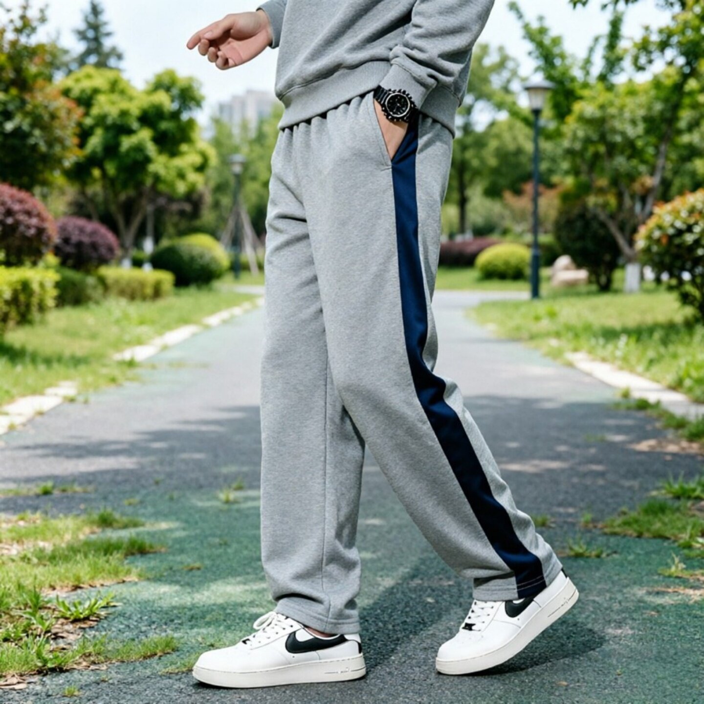 新款定制全棉浅灰藏青宽边运动裤