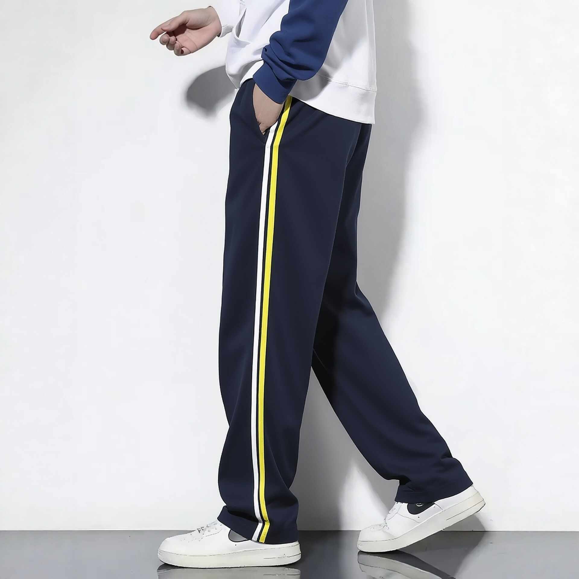 春夏秋深藏青镶黄白条杠条速干校裤同款休闲男女童高腰舒适运动裤