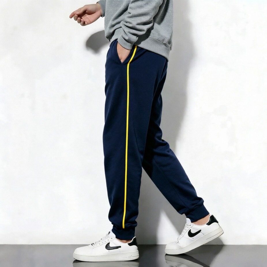 全棉运动裤女春夏秋季新款深藏青夹黄色细边束脚收口长裤男校服裤