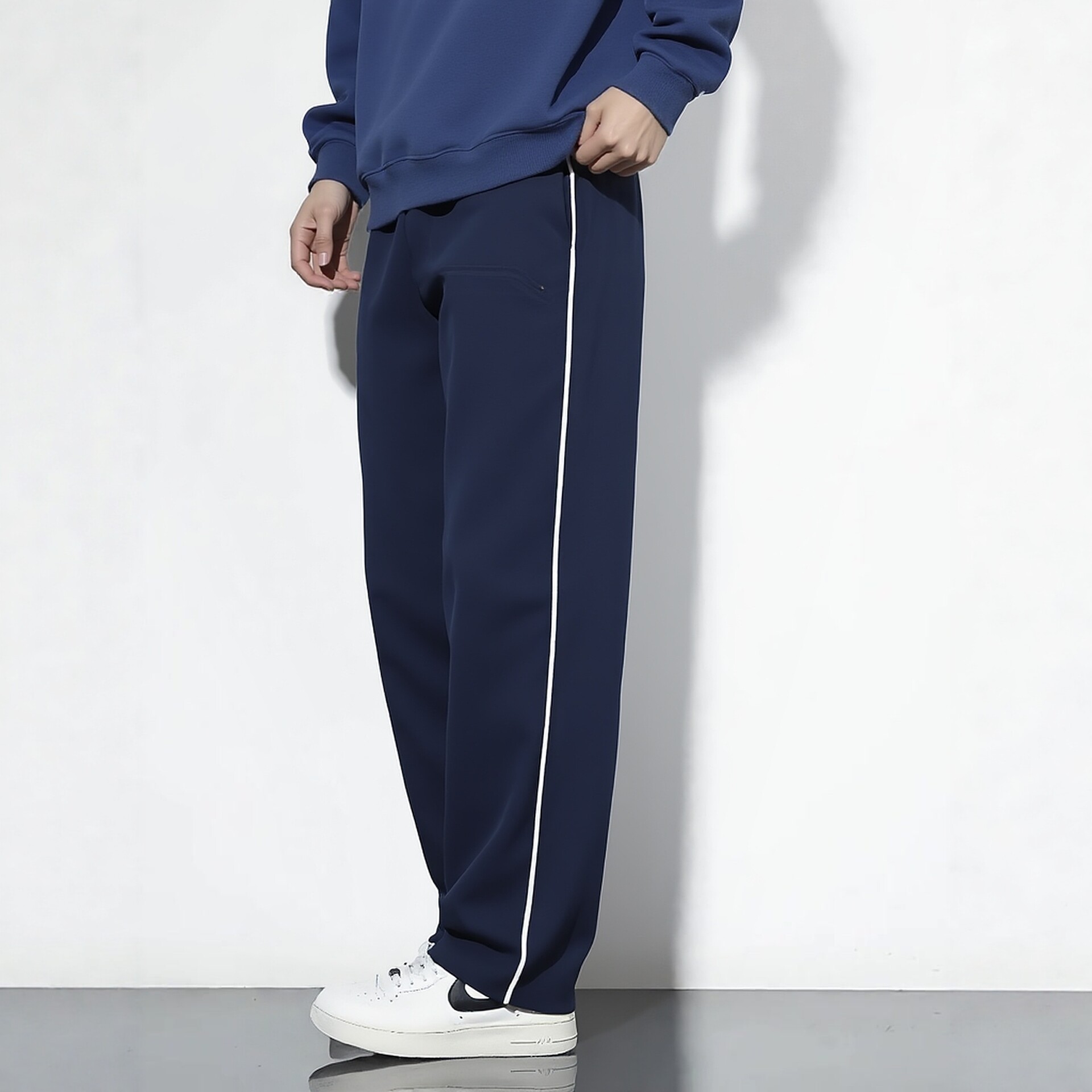 现货包邮春秋全棉抓绒黑色藏青白细杠条长裤校裤同款男女童运动裤