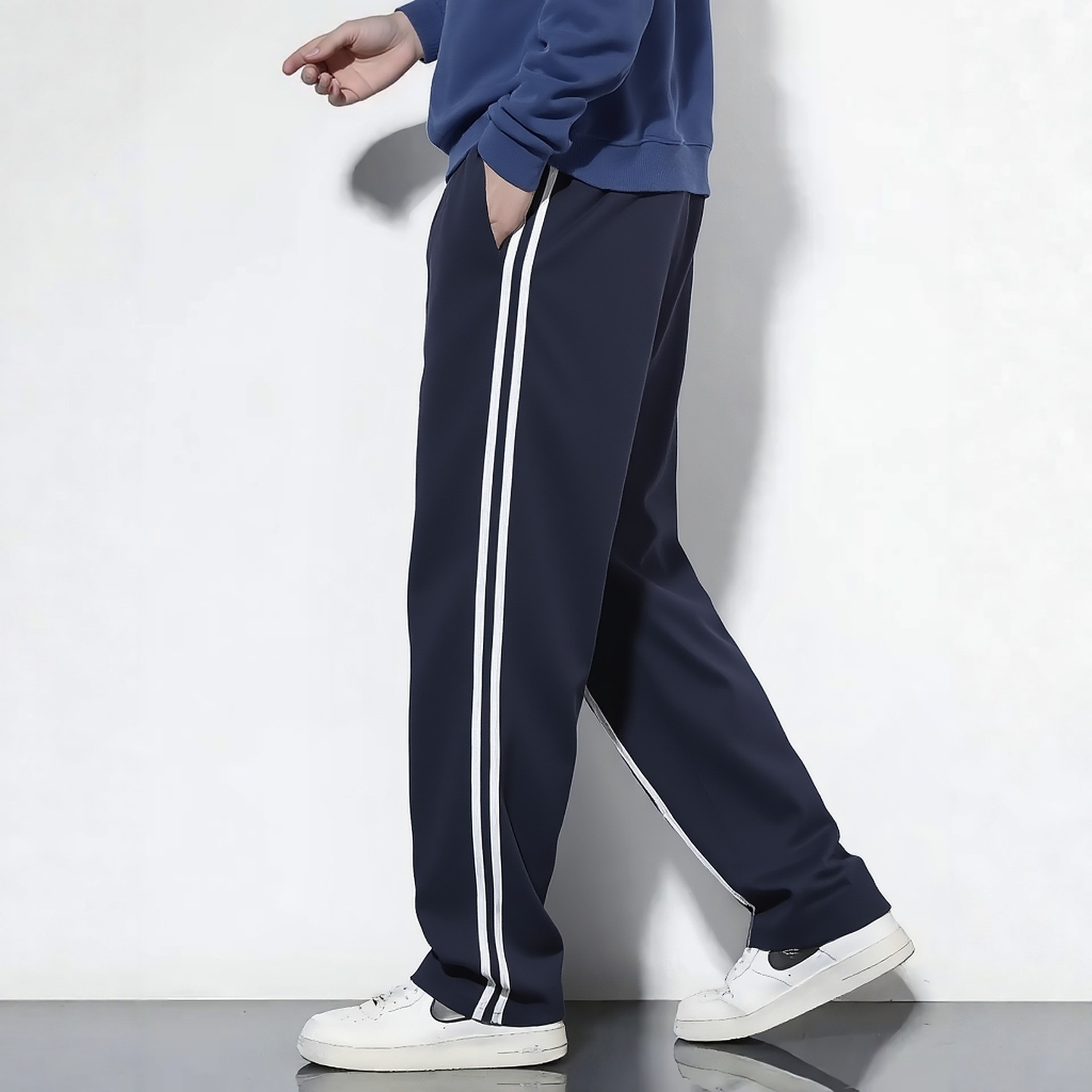 定制全棉春夏秋舒适黑色藏青双白杠直筒运动休闲校服裤男女学生