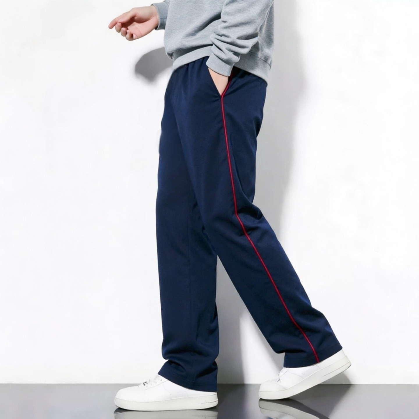 深藏青裤子镶酒红边校服裤学生裤