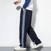 校服裤 全棉透气高腰松紧休闲裤 藏青色镶蓝白蓝杠条运动裤 春夏秋季