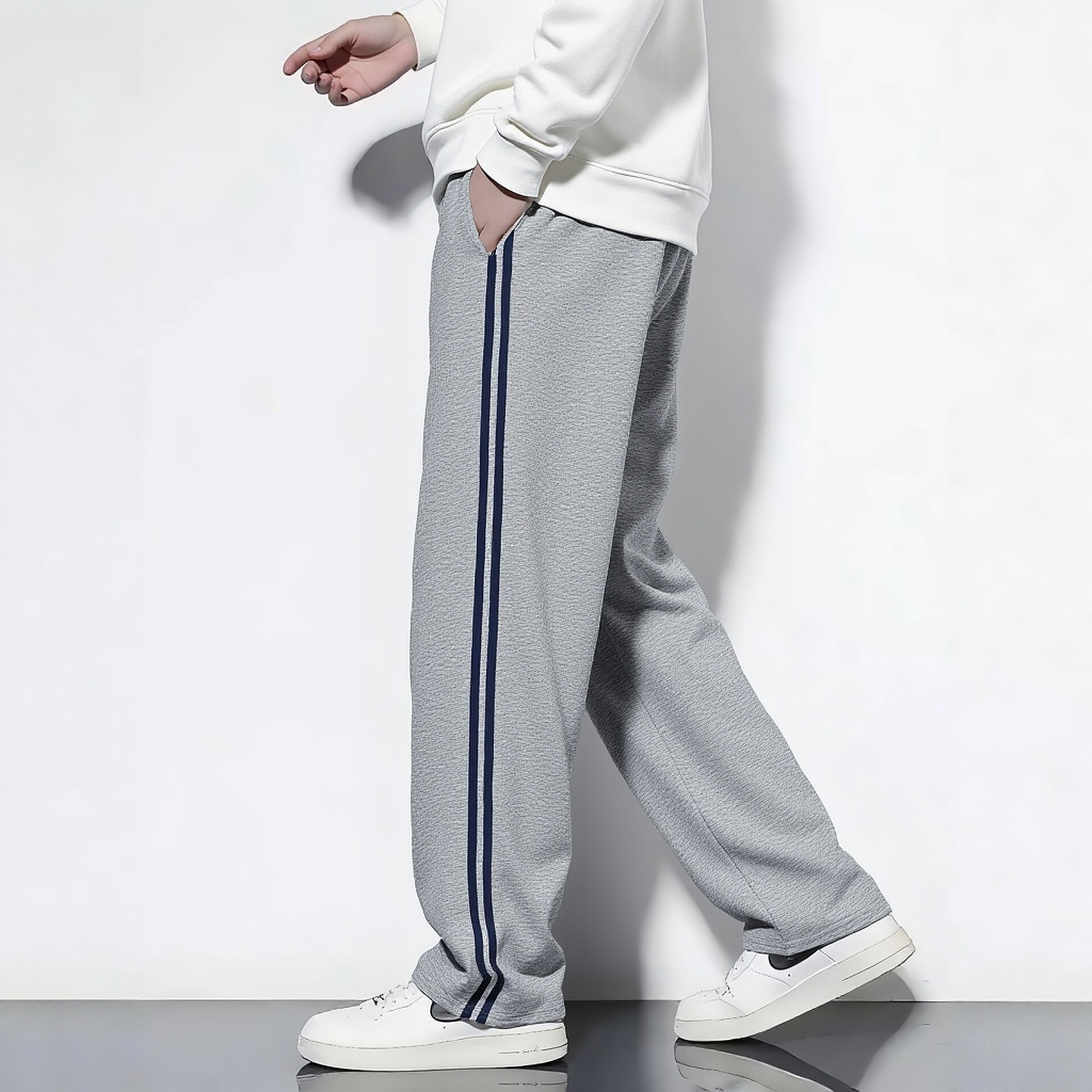 定制春秋夏季全棉灰色2杠直筒藏青双杠条纹运动学生长裤加绒校裤