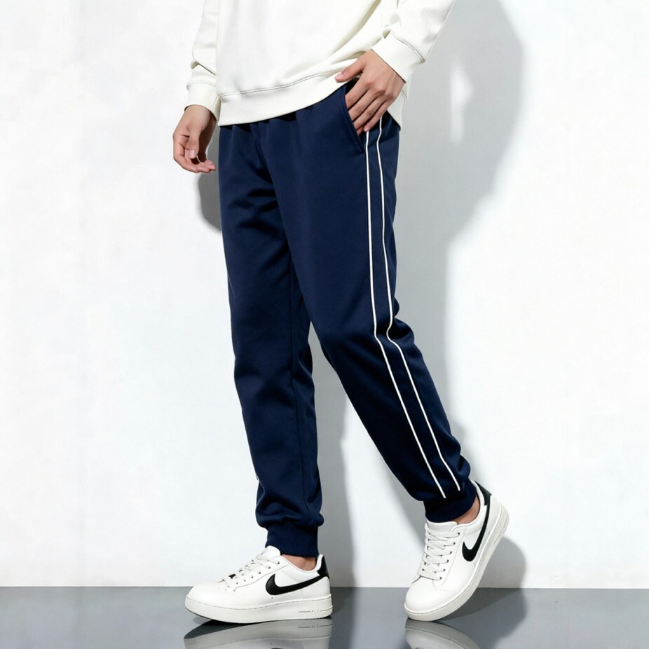 定制深蓝色藏青双白细杠束口收脚收口春夏秋季运动裤休闲校服长裤