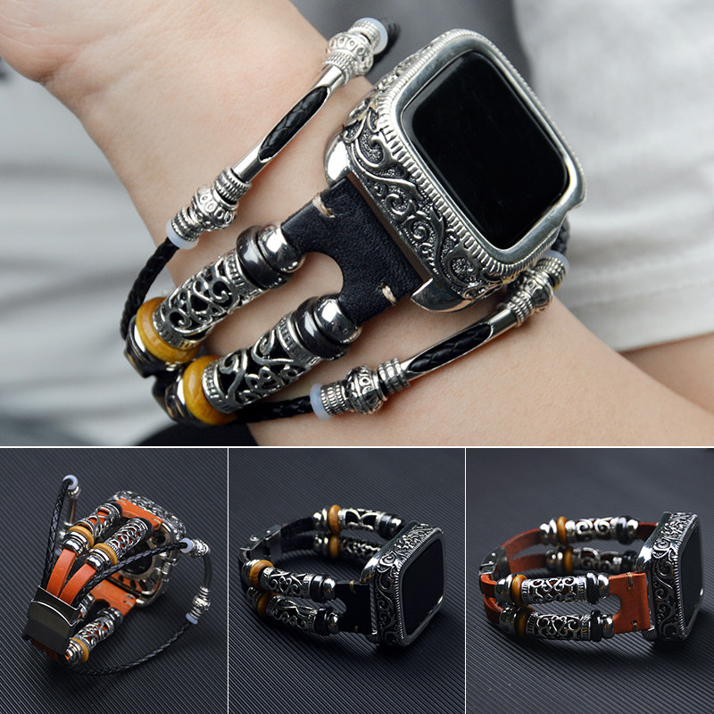 适用苹果手表iwatch8/5/7双圈apple watch复古真皮藏系个性潮表带