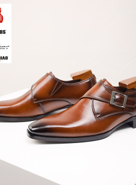 跨境大码真皮英伦孟克鞋 尖头搭扣僧侣男鞋商务正装皮鞋 男孟克鞋