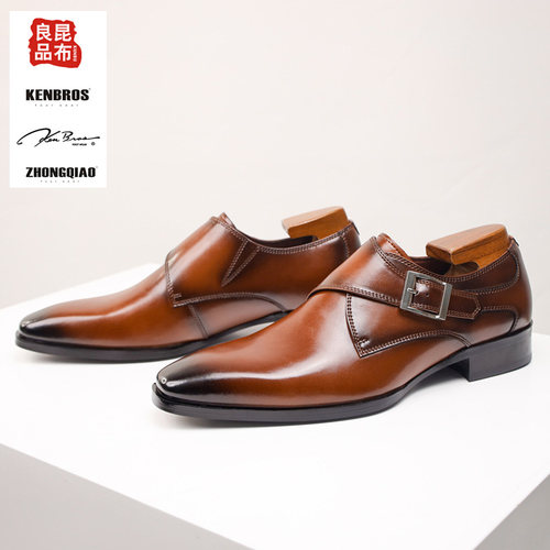 真皮孟克鞋尖头正装皮鞋牛皮婚鞋