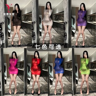 欧美新款加大码200斤女性感透视全身丝袜紧身包臀长袖短裙连体衣