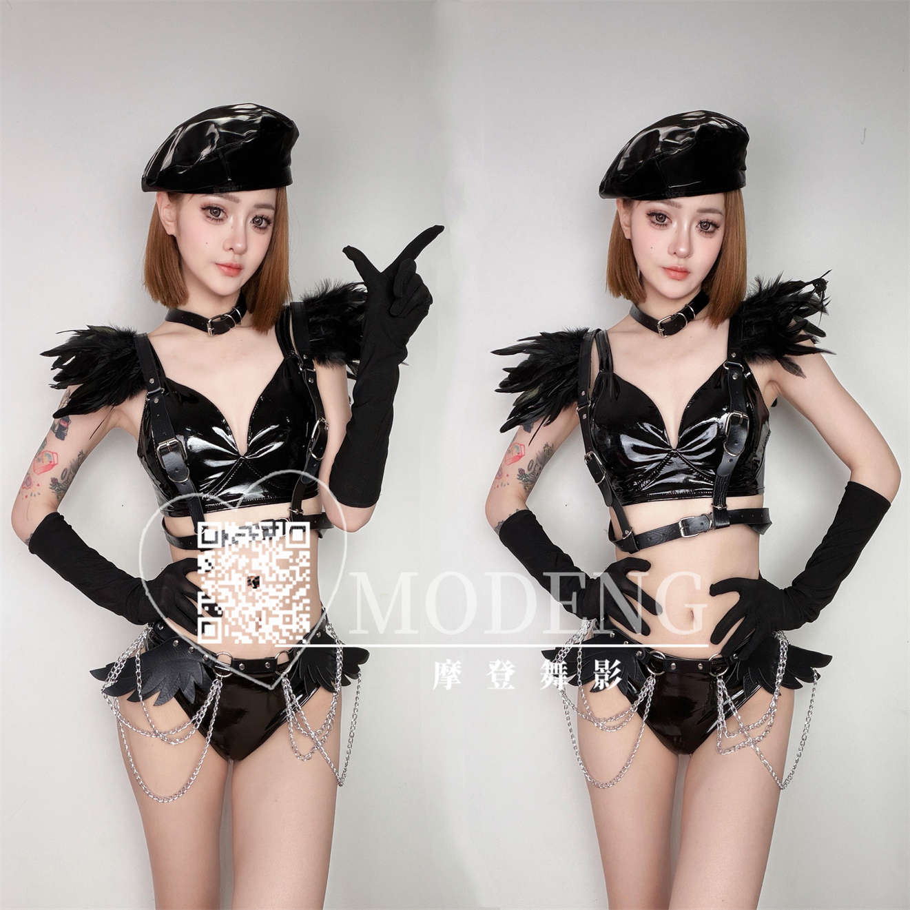 黑色漆皮羽毛DS领舞演出套装