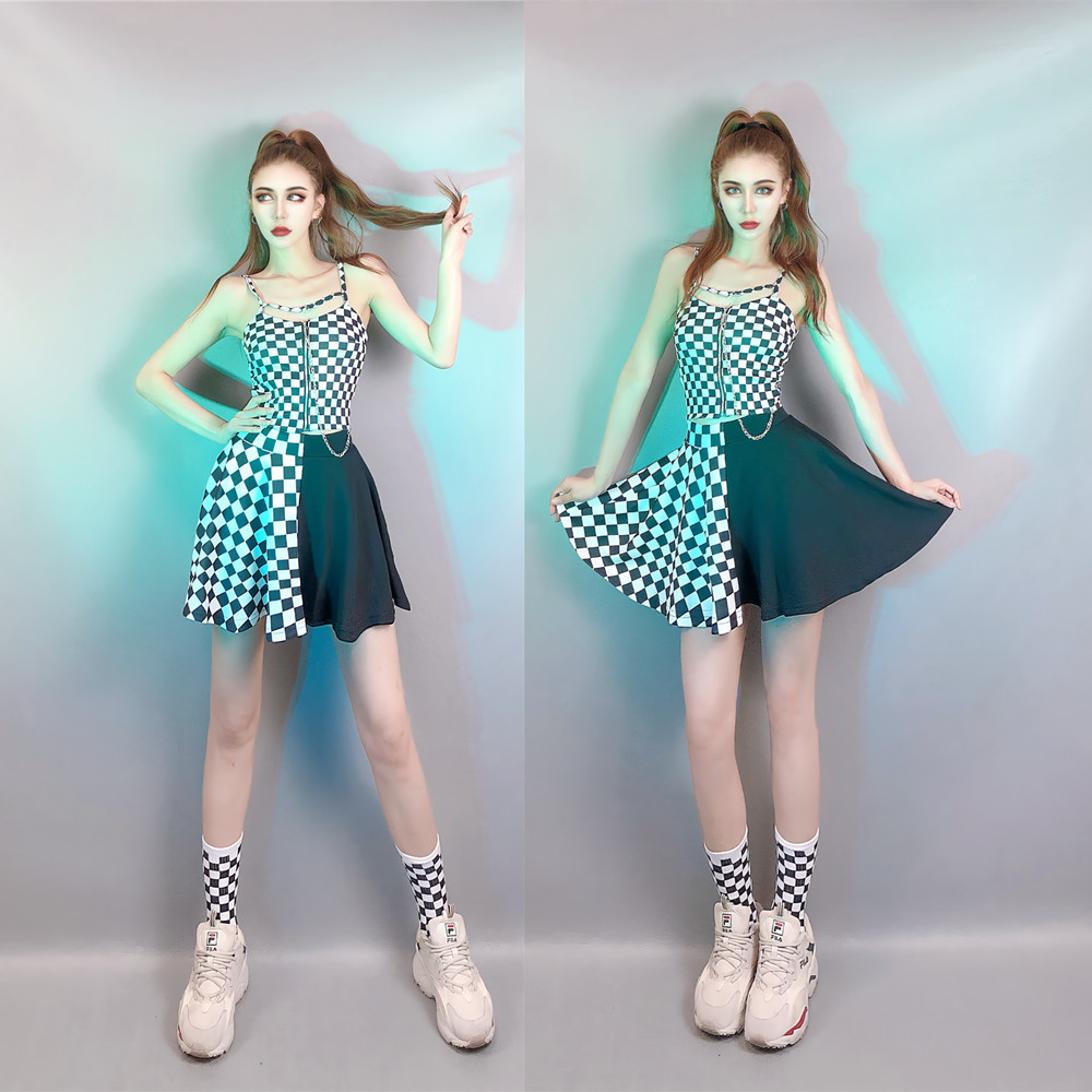 新款酒吧ds演出服夜店dj女黑白格子性感链条吊带半身裙爵士舞套装